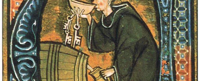 A medieval illumination of a monk drinking wine from a barrel in a cellar